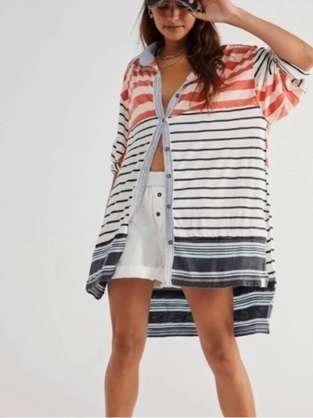Free People Striped Oversized Button-Down Shirt in Coral, White & Navy